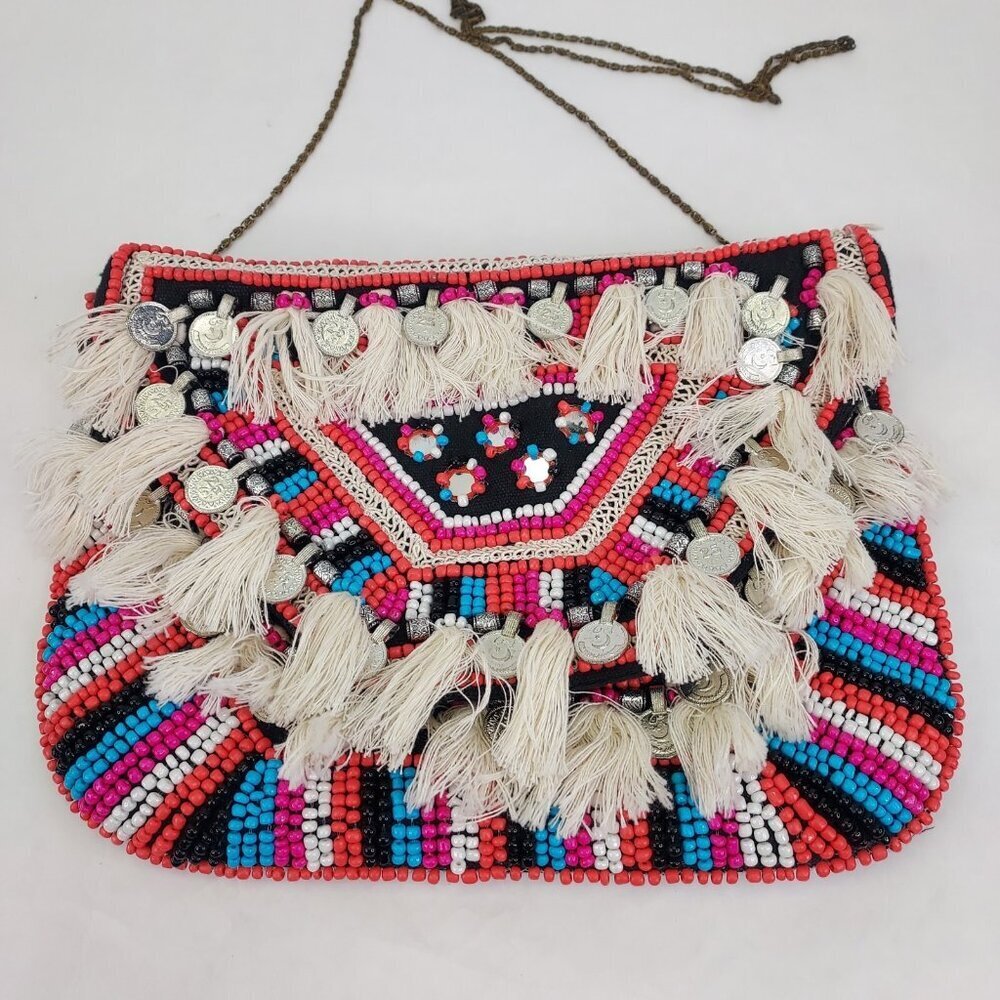 Tribal Purse Envelope Clutch Banjara Bag Beaded Tassels Coins Mirror Chain Strap